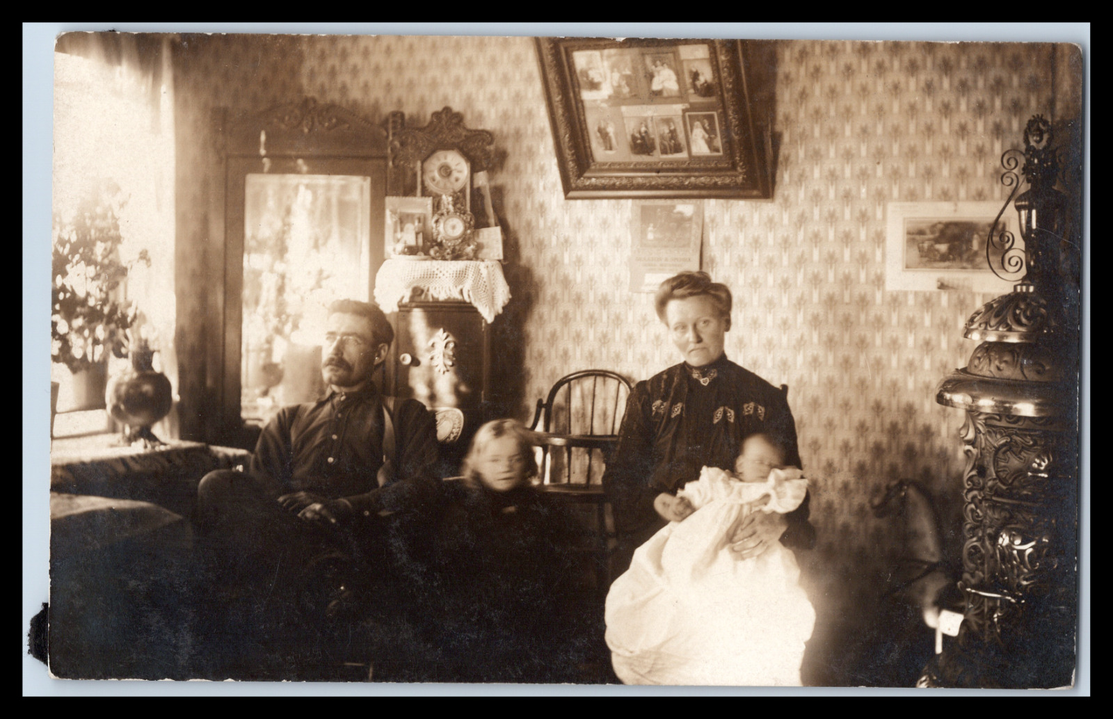 Vintage Postcards RPPC Family in fully furnished room Early 1900's