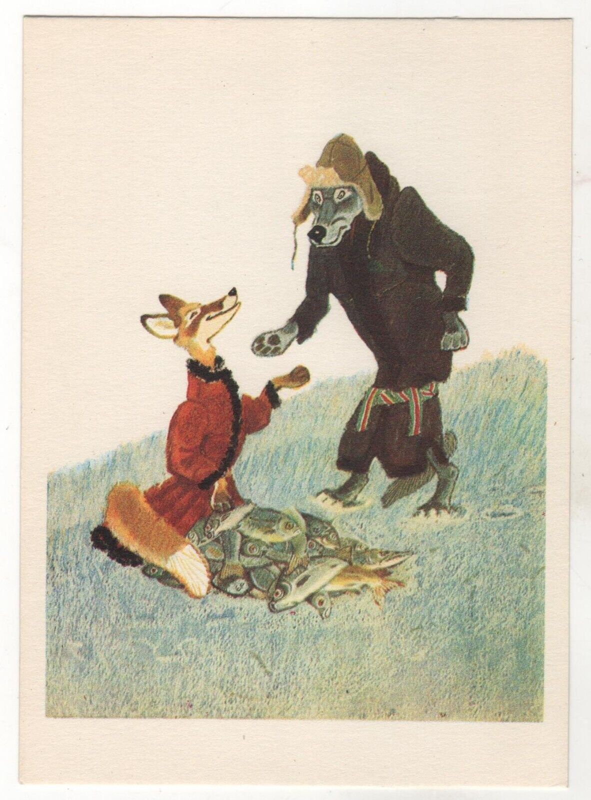 1975 Fairy Tale FOX & WOLF in Dressed Fish Soviet RUSSIAN POSTCARD Old