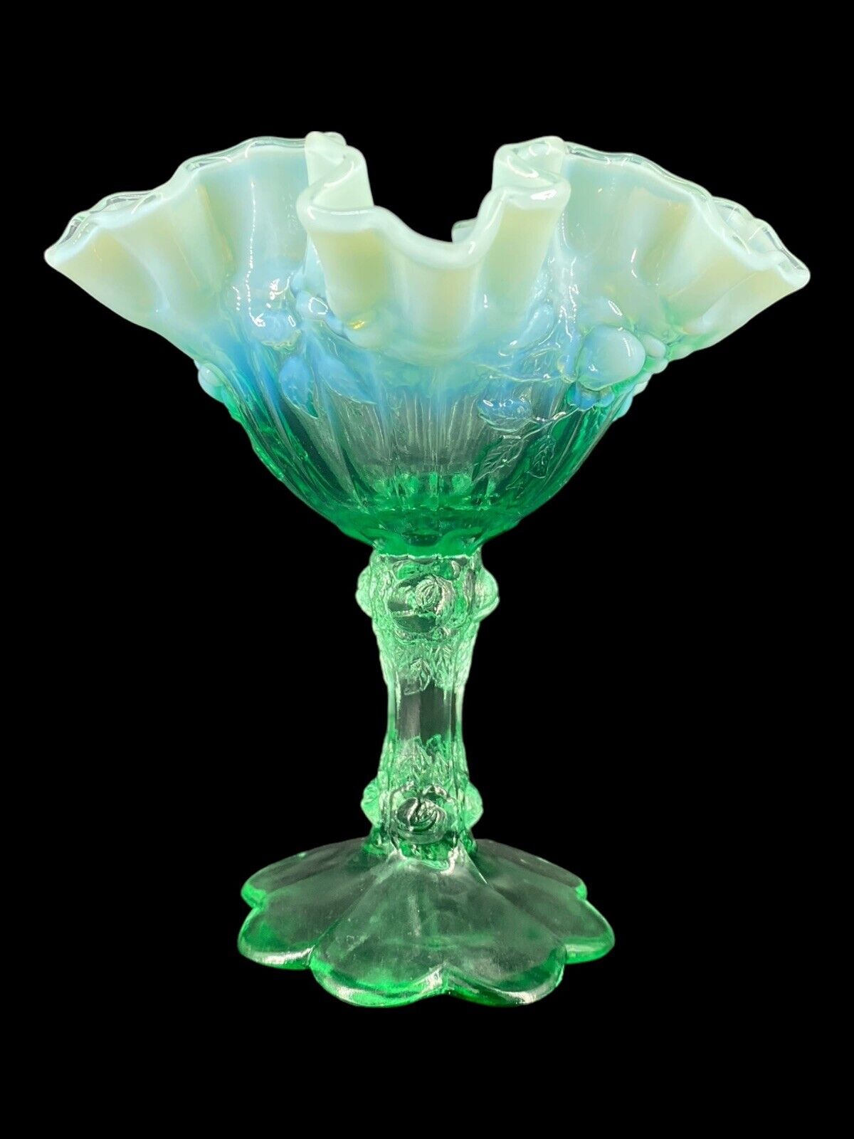 Vtg Fenton Art Glass Green Opalescent Candy Dish Compote Cabbage Rose Motif EX+
