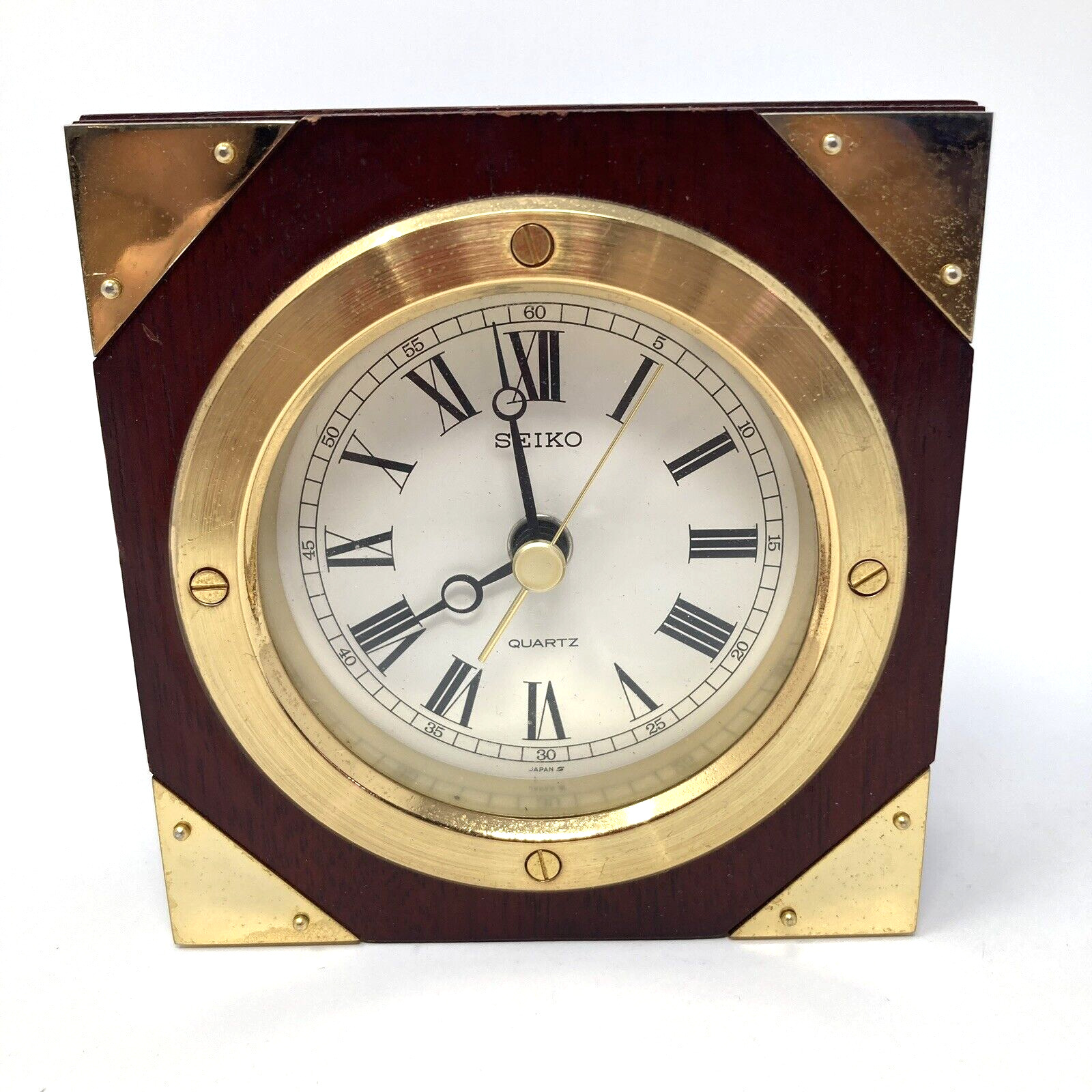 Nautical Seiko Quartz Walnut Brass Accents Desk Mantle Clock REF. QW105B