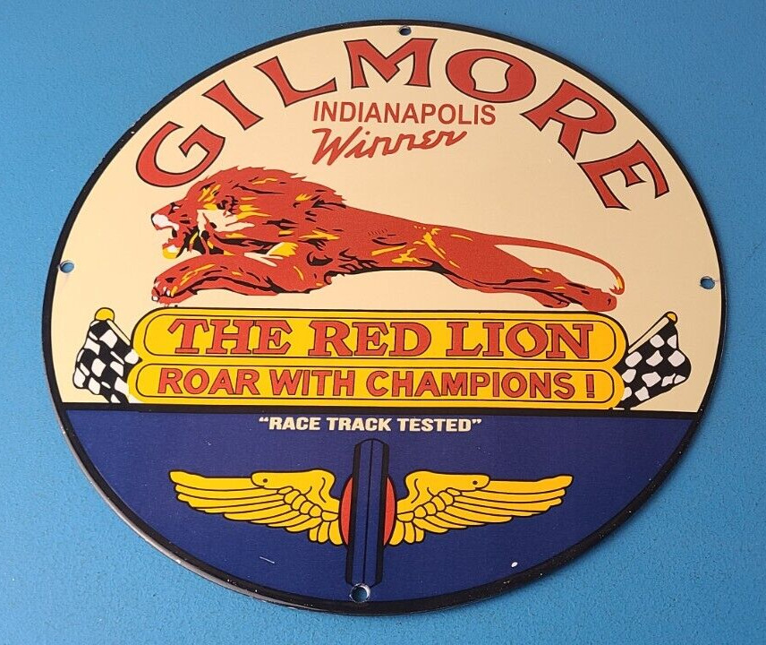 Vintage Porcelain Sign - Gilmore Gasoline Red Lion Champion Gas Pump Sign