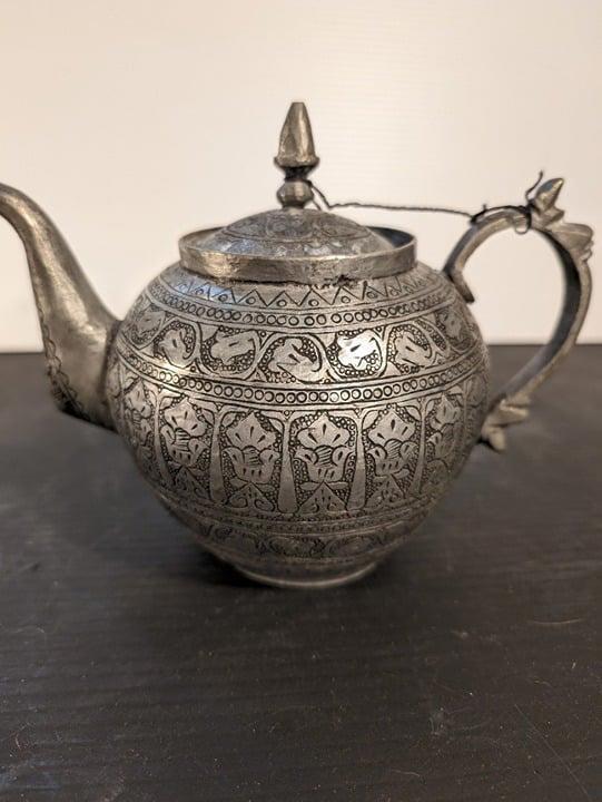 Antique Persian/Middle Eastern Silver Metal Etched Teapot