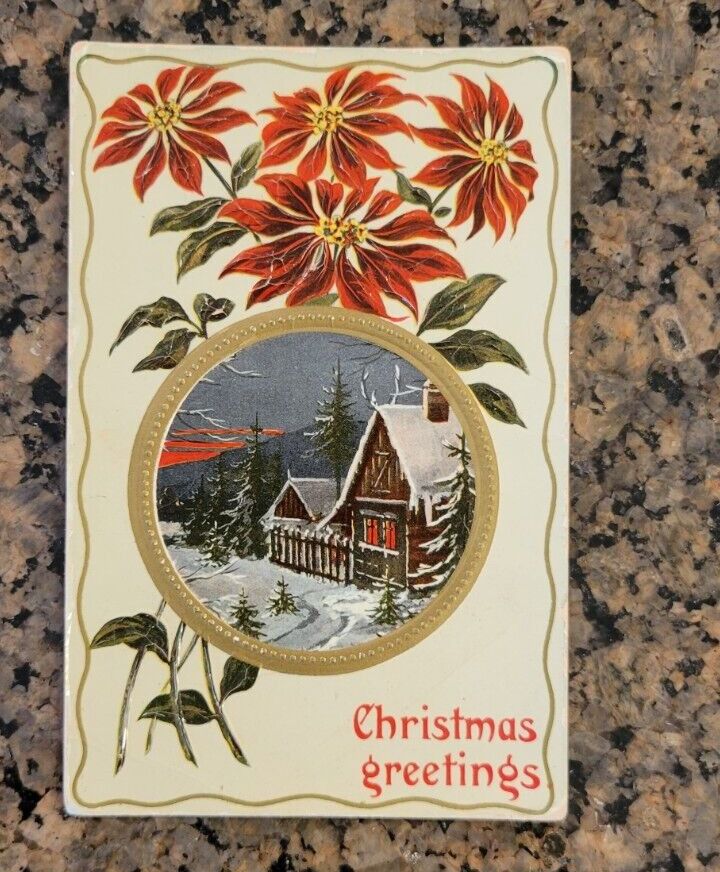Vintage Christmas Greetings Embossed Postcard 1914 Farmhouse Flowers Germany