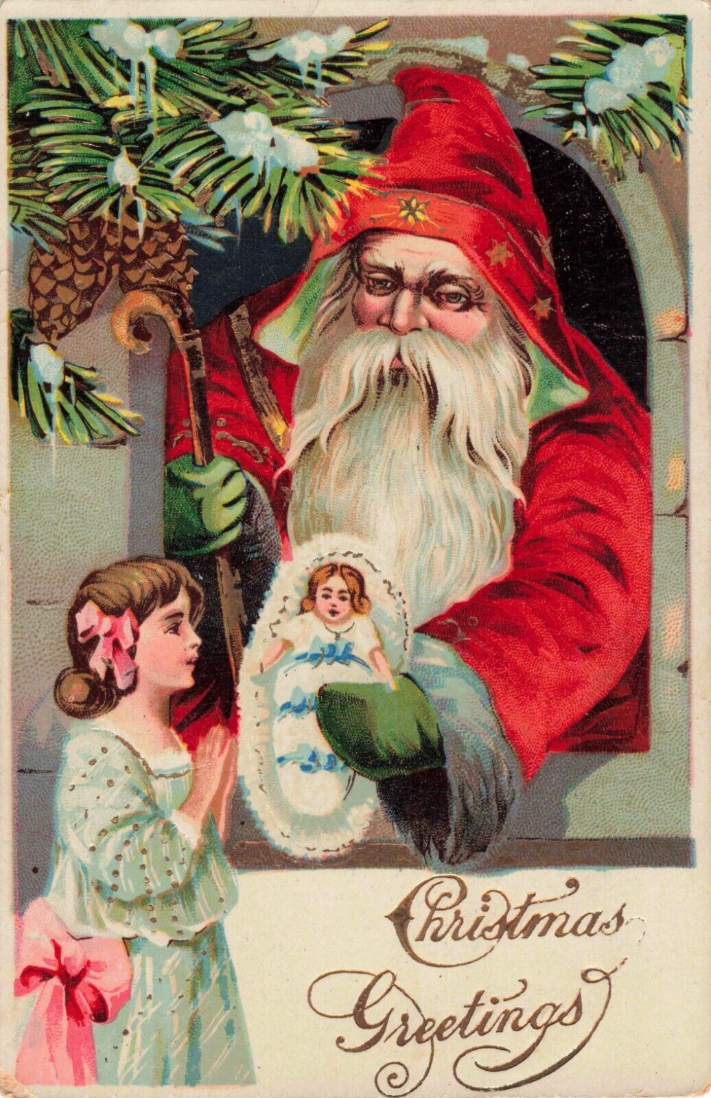 Christmas Greetings Santa Claus Giving Doll to Girl c1910 Postcard