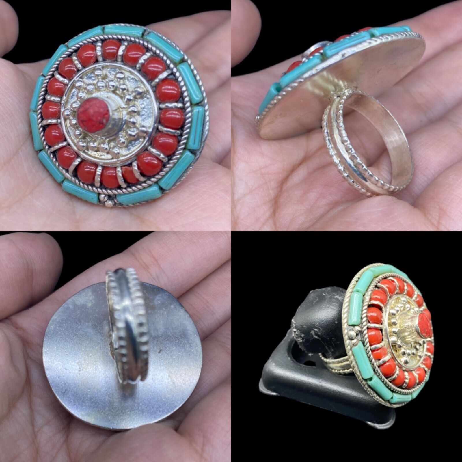 Lovely Unique Afghanistan CORAL TORQUISE stone Silver Rare Ring