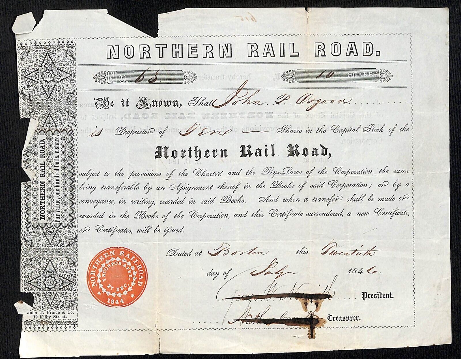 1846 Boston MA Northern Railroad Stock Certificate VERY LOW No. 63 for 10 Shares