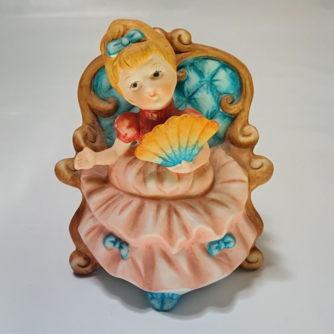 Vtg Little Girl Bisque Porcelain Figurine Sitting In Chair Fan Retro Art Decor