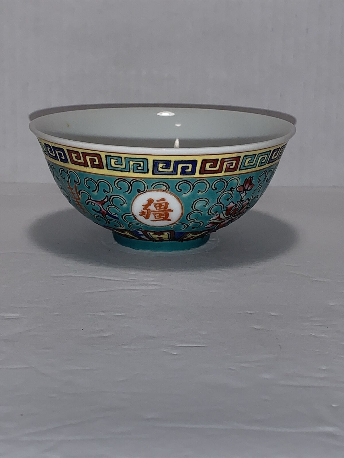 Vintage Small Hand Painted In Hong Kong Rice Bowl Turquoise with Floral Design
