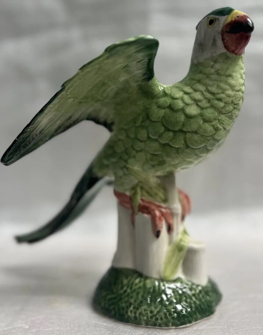 Italian Chelsea House Large Green Porcelain Parrot w/ White Head, Bird