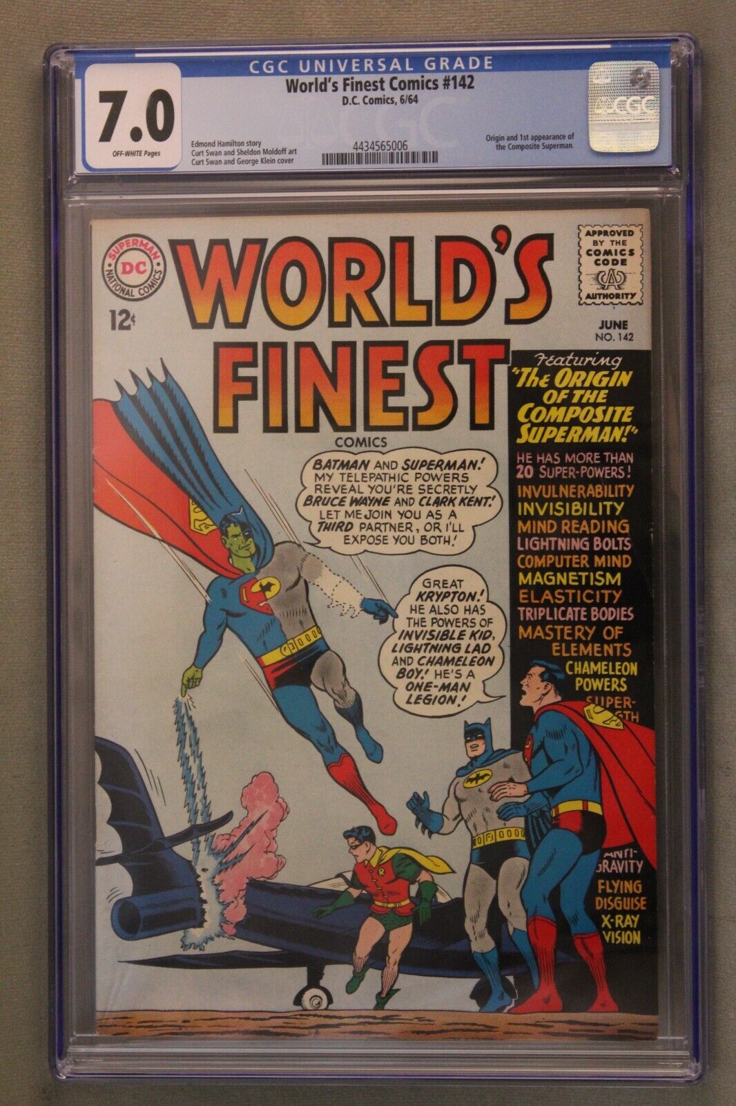 World's Finest Comics #142, D.C. Comics 6/64, CGC Graded at 7.0, Off-White Pages