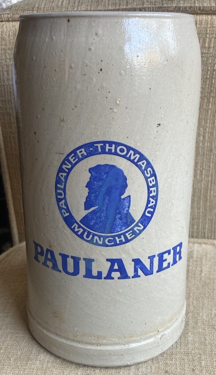Paulaner Munchen Vintage German Beer Stein Mug Tall Cup Pottery Stoneware 1L