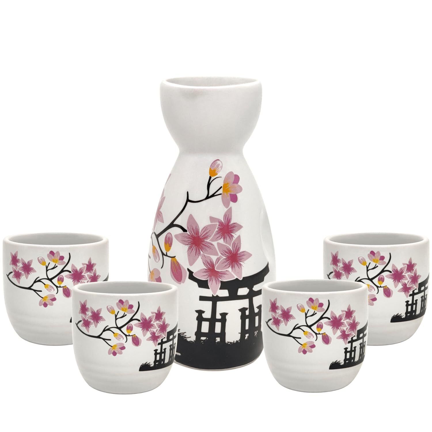 5 Pcs Sake Set Traditional Japan Sake Cup Set Hand Painted Design Porcelain Pott