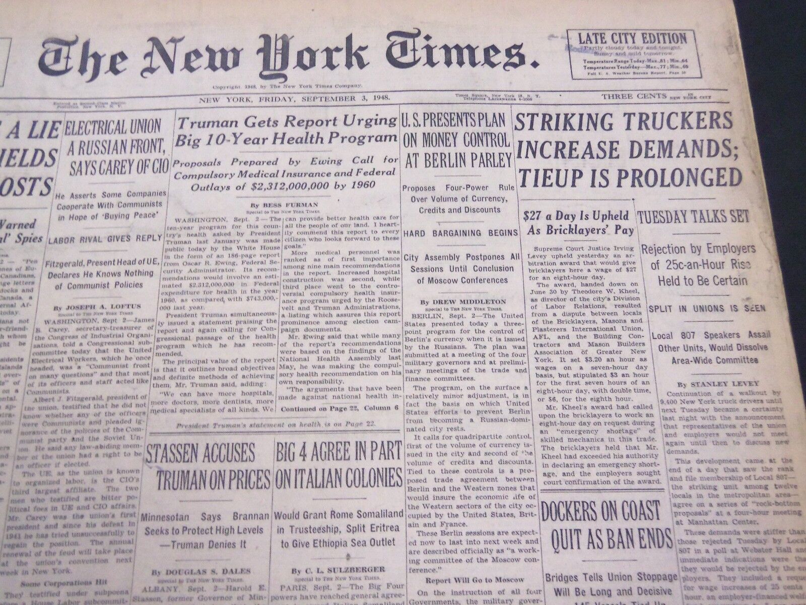 1948 SEPTEMBER 3 NEW YORK TIMES - STRIKING TRUCKERS INCREASE DEMANDS - NT 4401