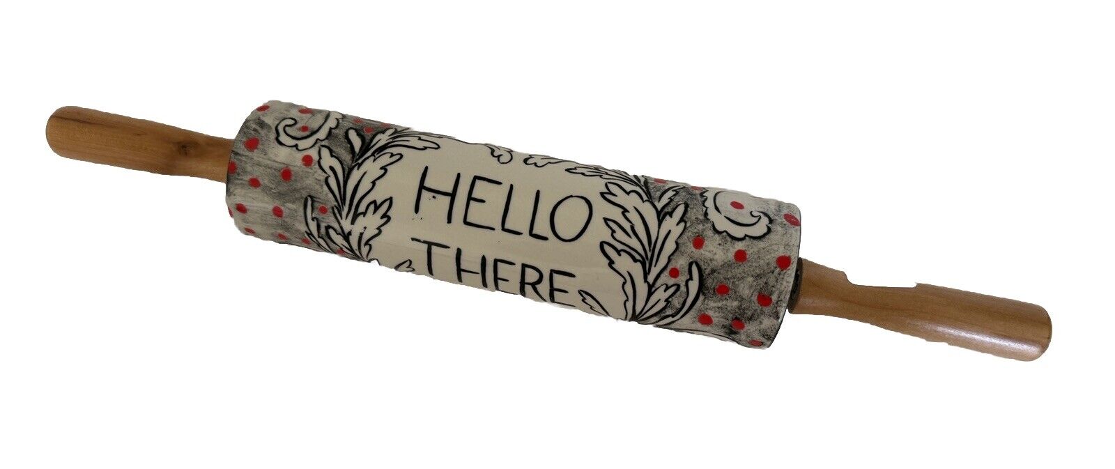 Anthropologie Dough Roll MOLLY HATCH Ceramic ROLLING PIN Wood Handle Hello There