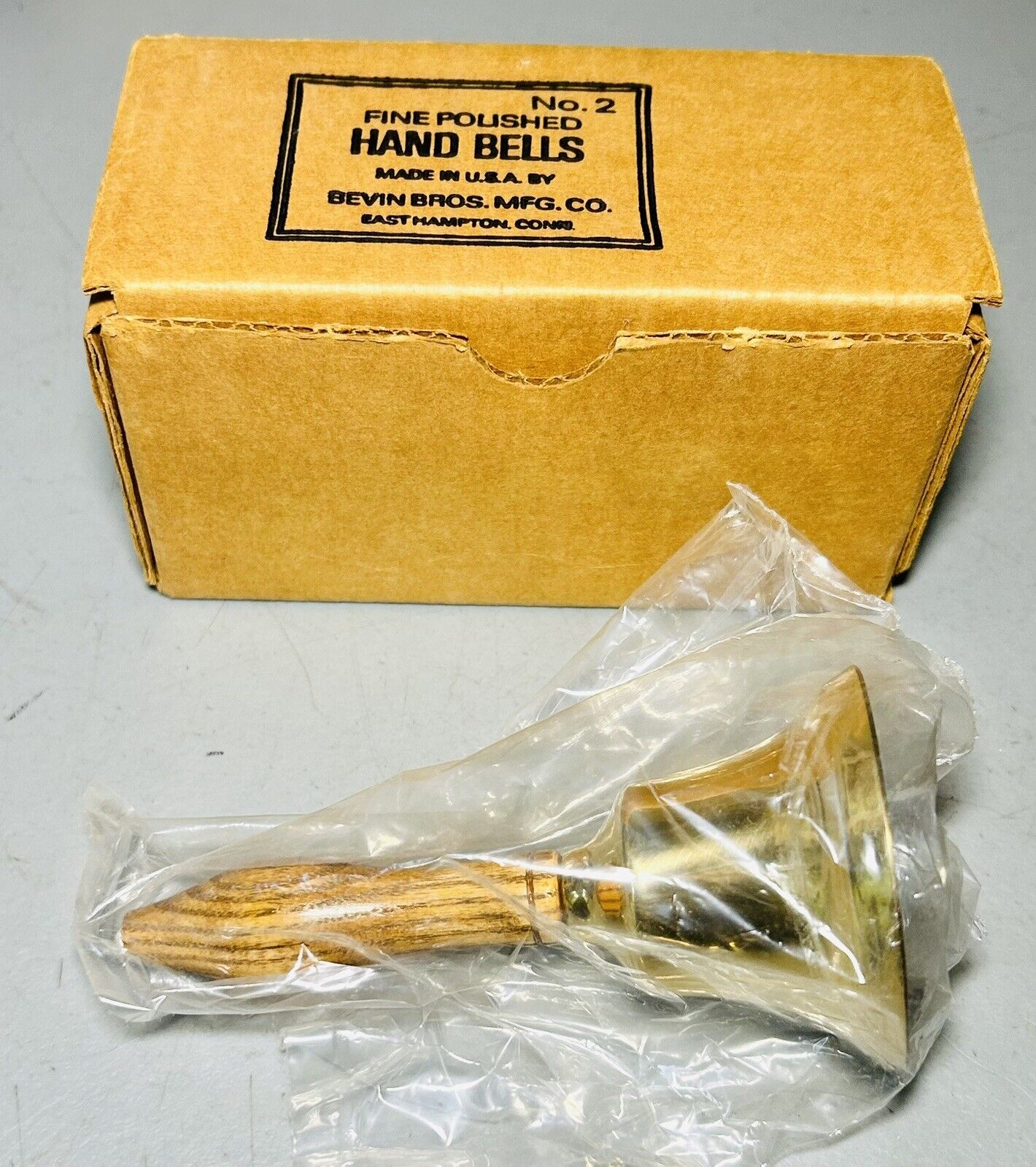 Vtg Bevin Bells Solid Brass Wood Handle 5” Hand Bell No. 2 Fine Polished New