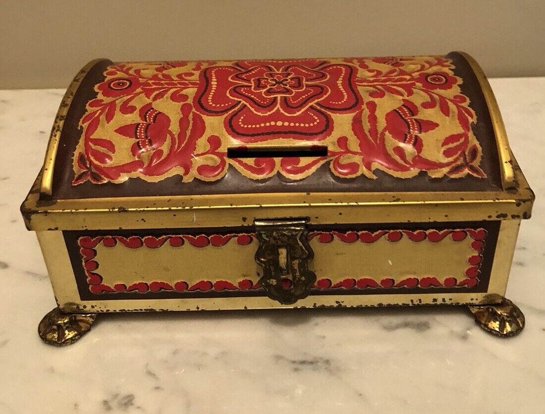 Vintage Large Trinket Box Metal Red ,Gold Made in Germany Frida & Nada See Notes