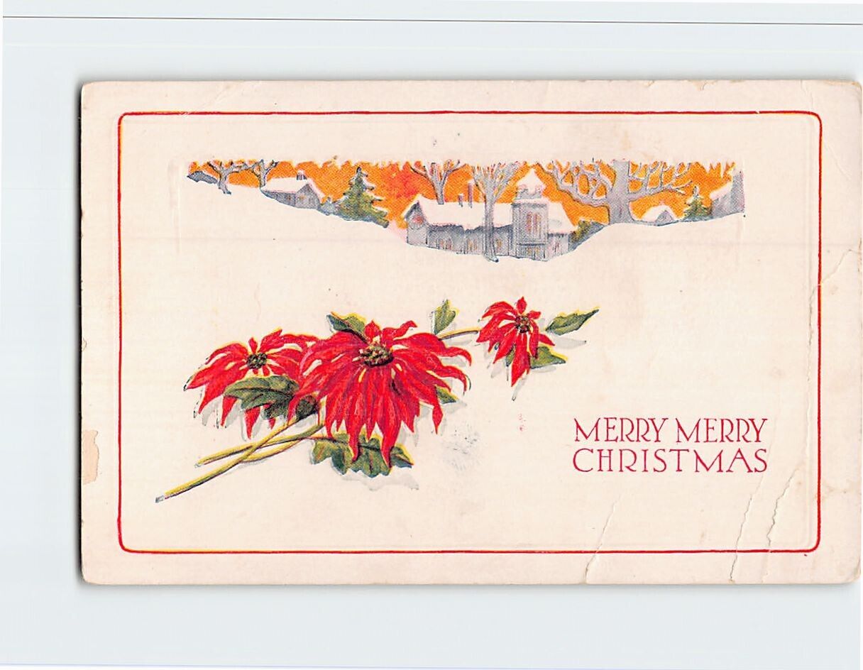Postcard Winter Scene with Flowers Merry Merry Christmas Embossed Card