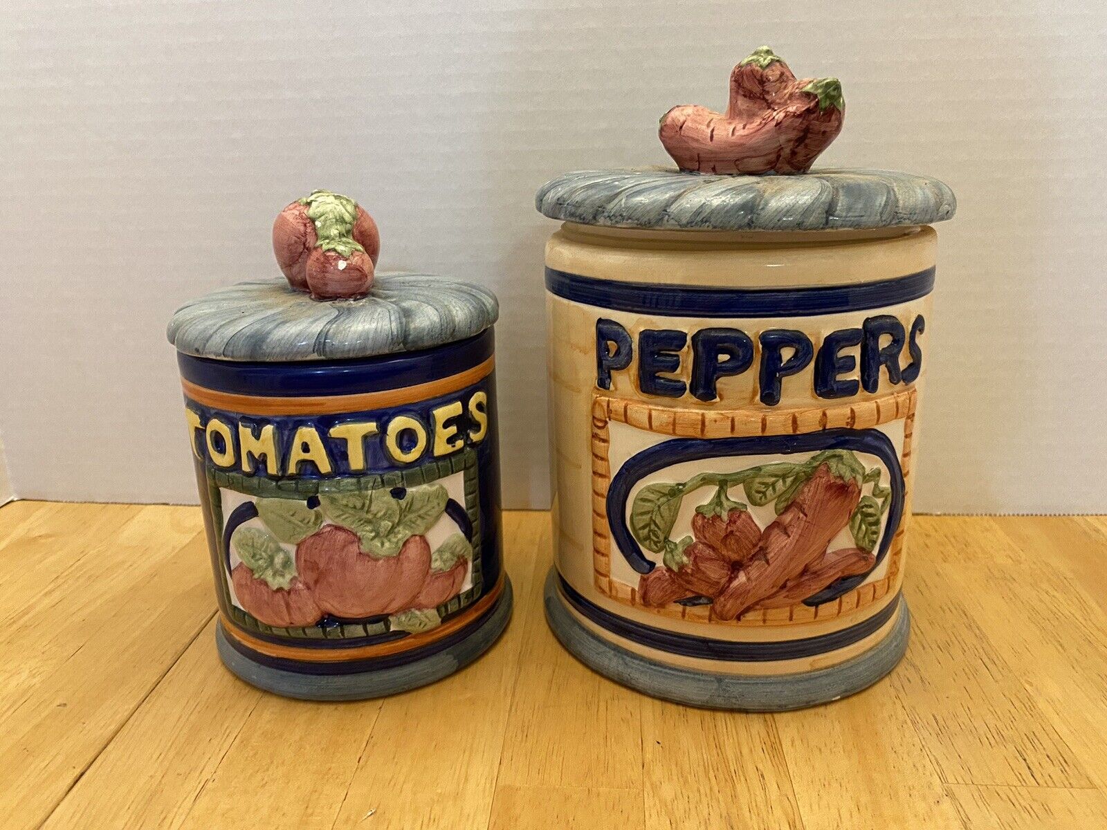 Vintage 1996 Ceramic Vegetable Kitchen Canisters Tomato’s, Peppers USED
