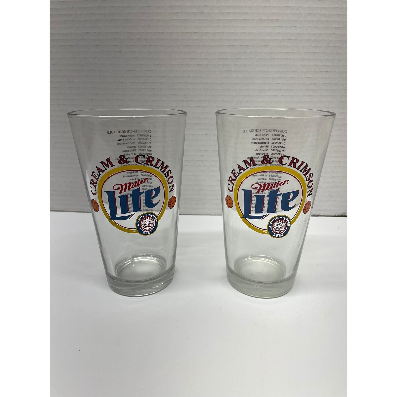 VTG Miller lite cream and crimson beer mug/glasses 2 glasses 2003 NASCAR Series.