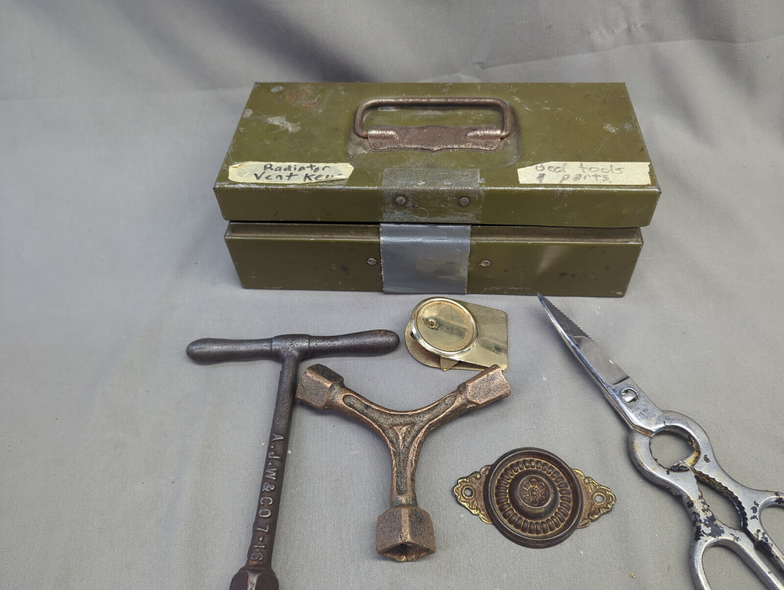 Antique Tools in Metal box AJW and CO