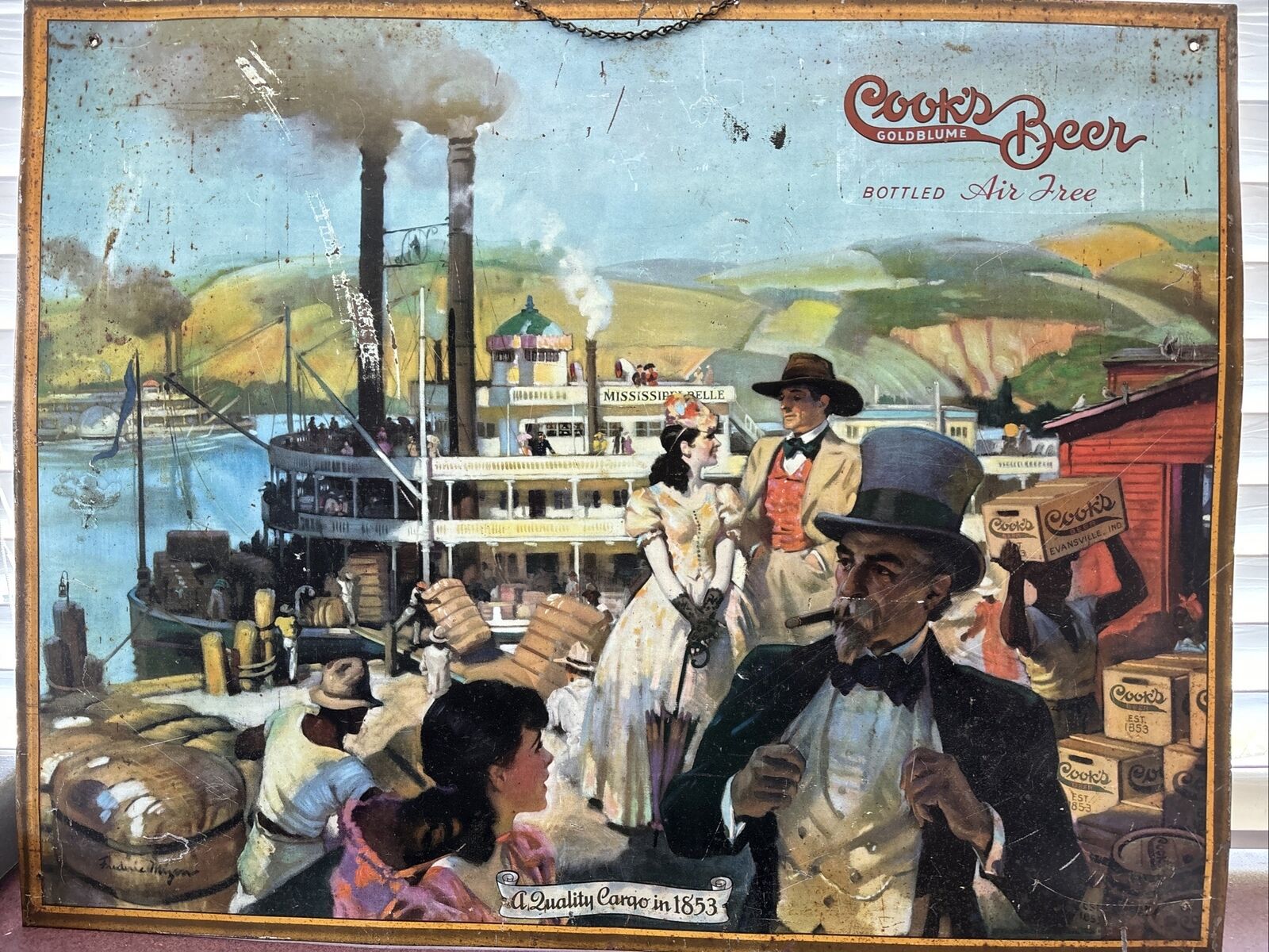Vintage RARE Cook's Beer Riverboat Colonel Sign 28x22 Nice Piece
