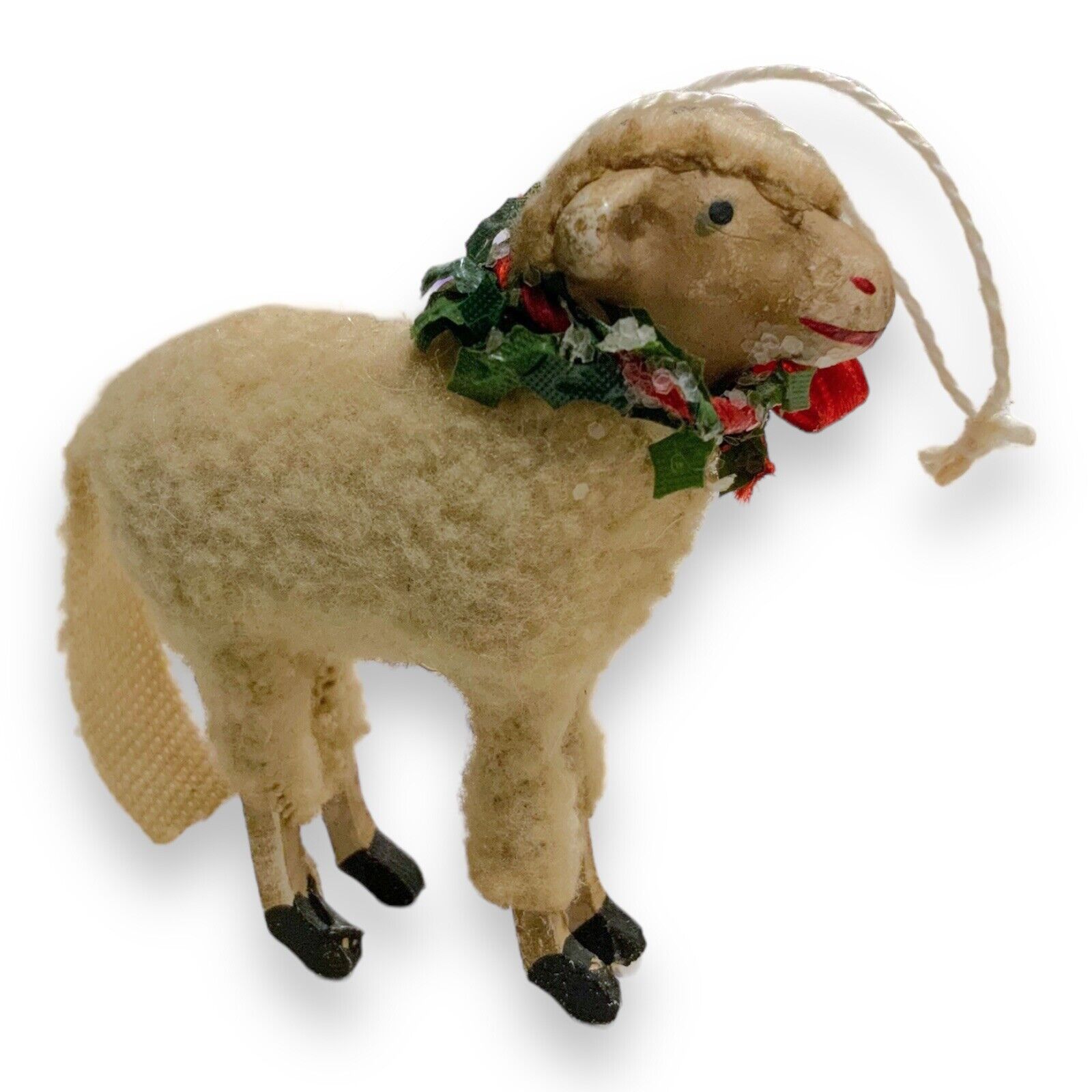 Antique German Match Stick Leg Wooly Sheep Ornament 2.5” Figure Holly Wreath