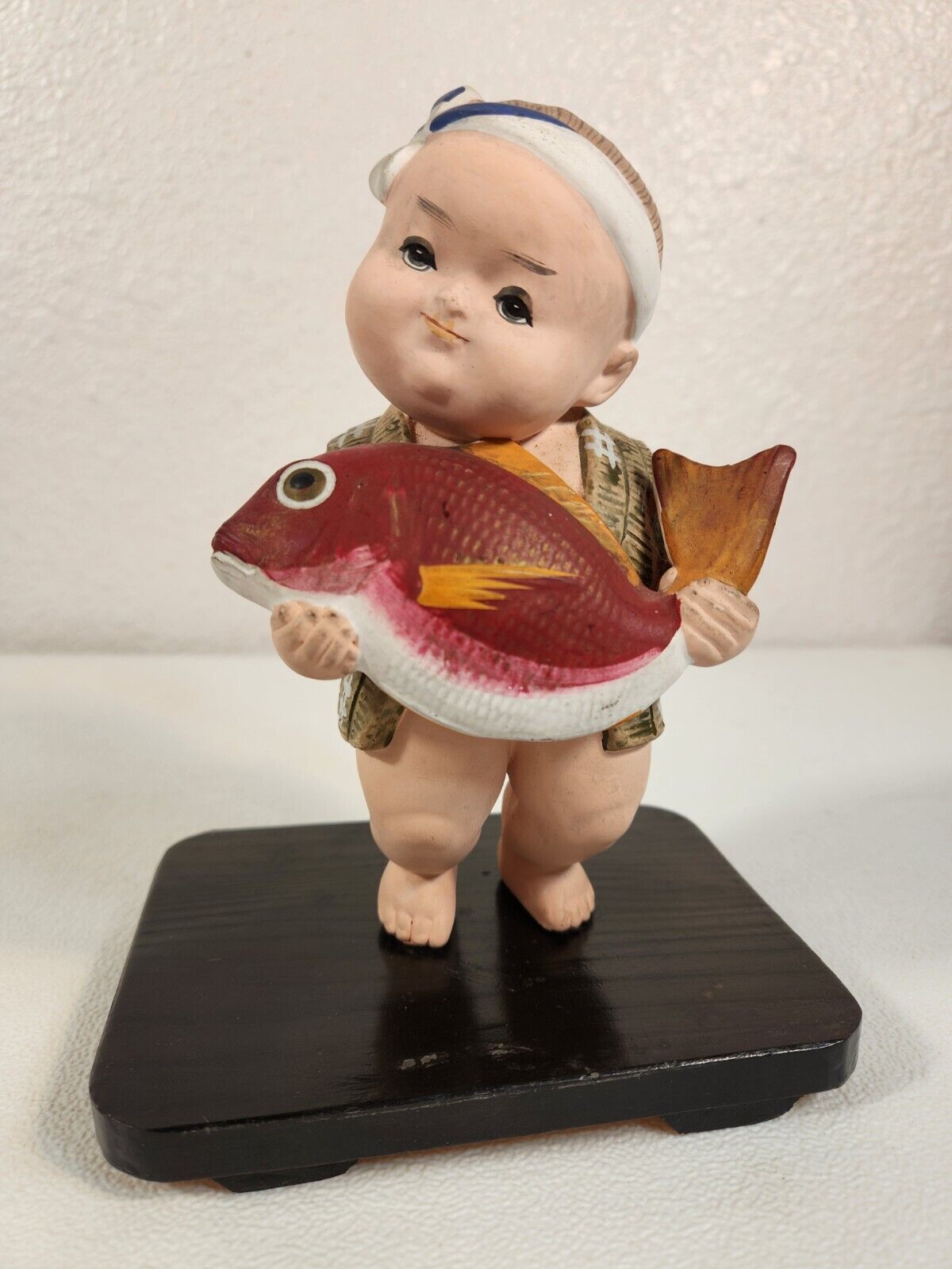 Japanese Hakata Doll Boy Holding Red snapper Circa Vintage 1960s Fast Ship
