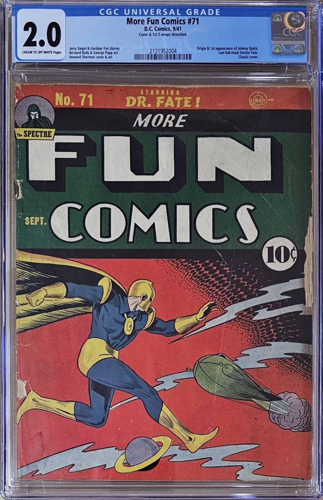More Fun Comics #71 CGC 2.0 D.C. 1941 1st Johnny Quick Classic Cover Doctor Fate