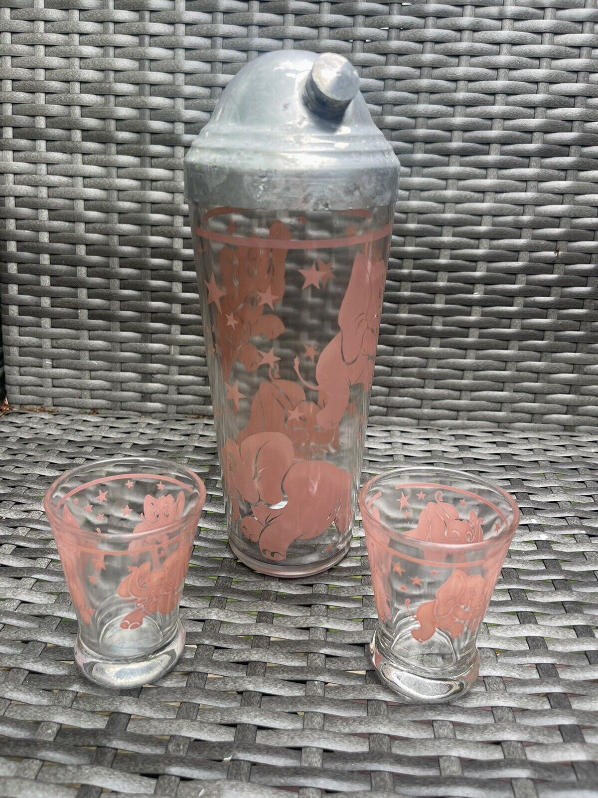 Vintage Hazel Atlas Dancing Pink Elephants Drink Cocktail Shaker w/ 2 Shot Glass