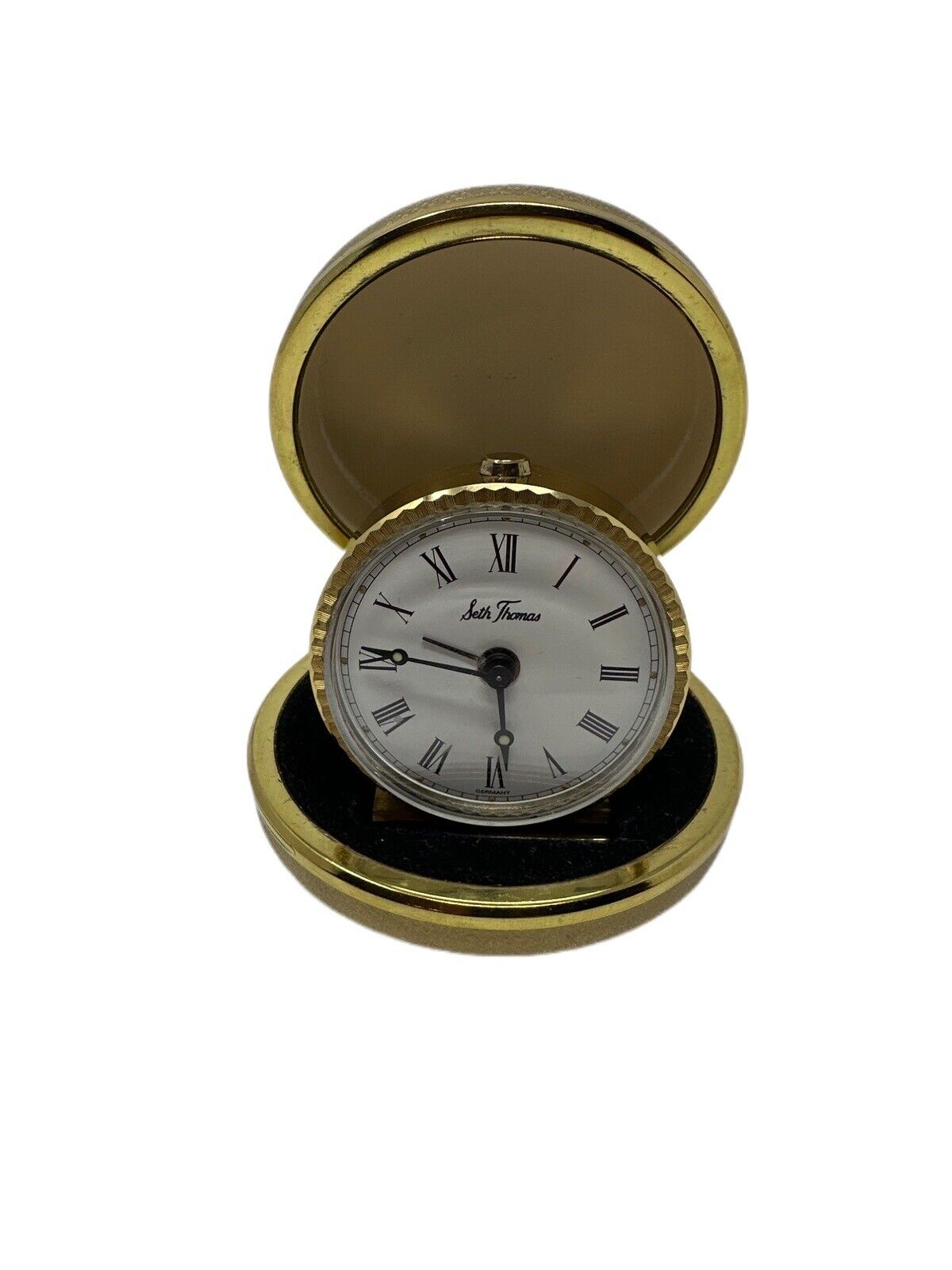 Vintage Seth Thomas Travel Alarm Clock With Original Clam Shell Case Germany