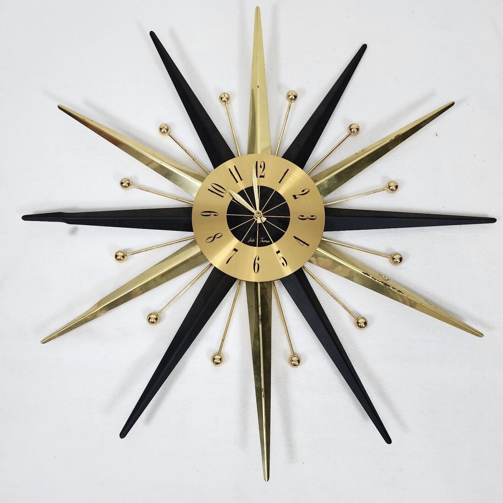 Vintage Seth Thomas Mid Century Atomic Gold Black Starburst Wall Clock AS IS
