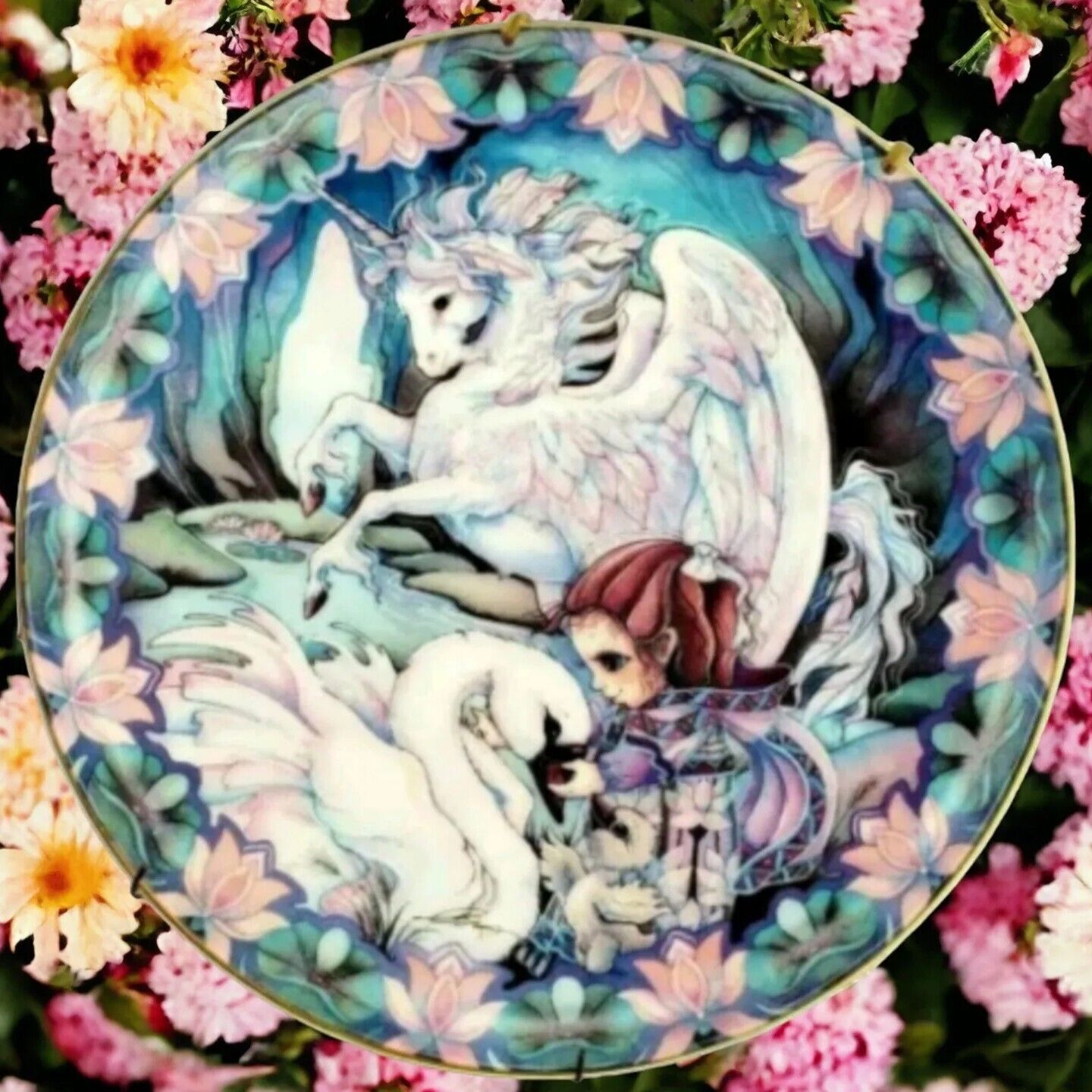 Jodie Bergsma Only with the Heart Unicorn Swan Elf 1990 ART Plate And Holder 