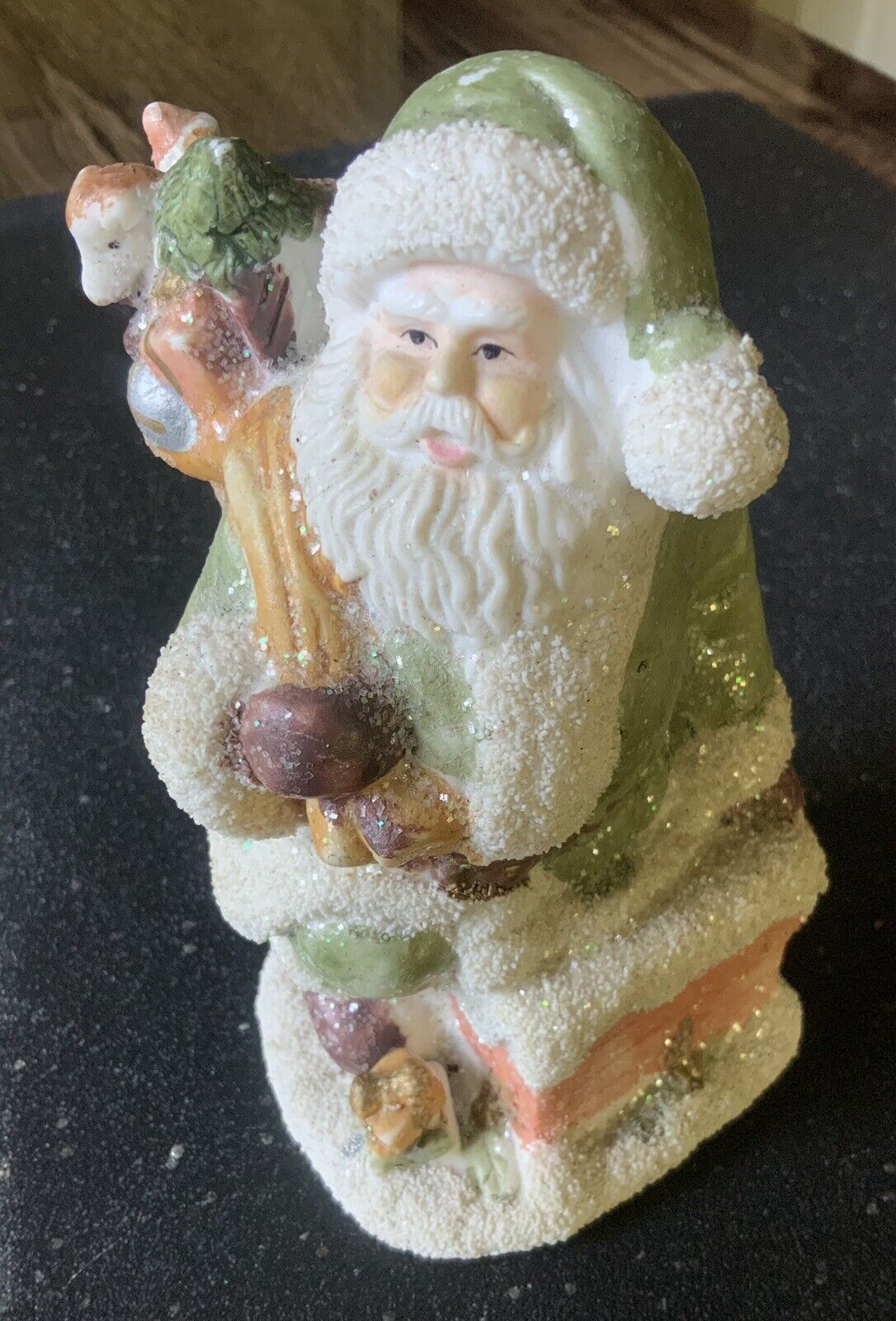 Vintage Glittery Green Santa Figurine With Snow Bringing Presents 6\