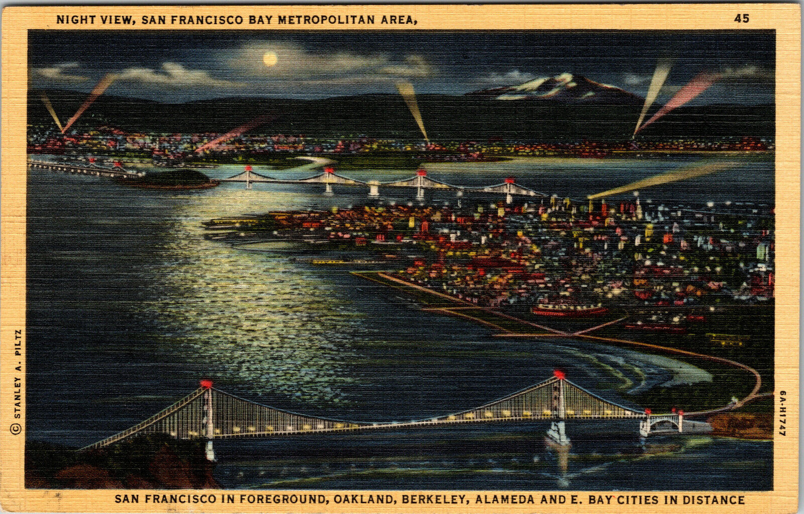 San Francisco California Night View Of Bay Metropolitan Area  Linen Postcard
