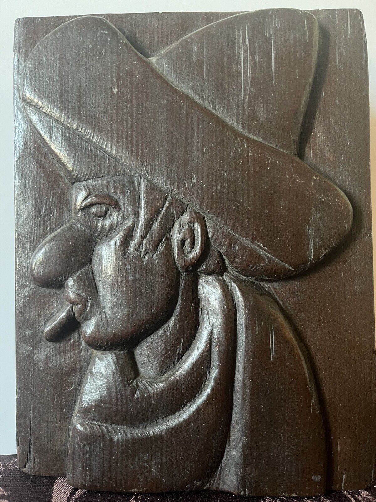 MCM Hand Carve Wood 3D Plaque Mexican Man Sombrero Smoking Cigar Folk Art Signed