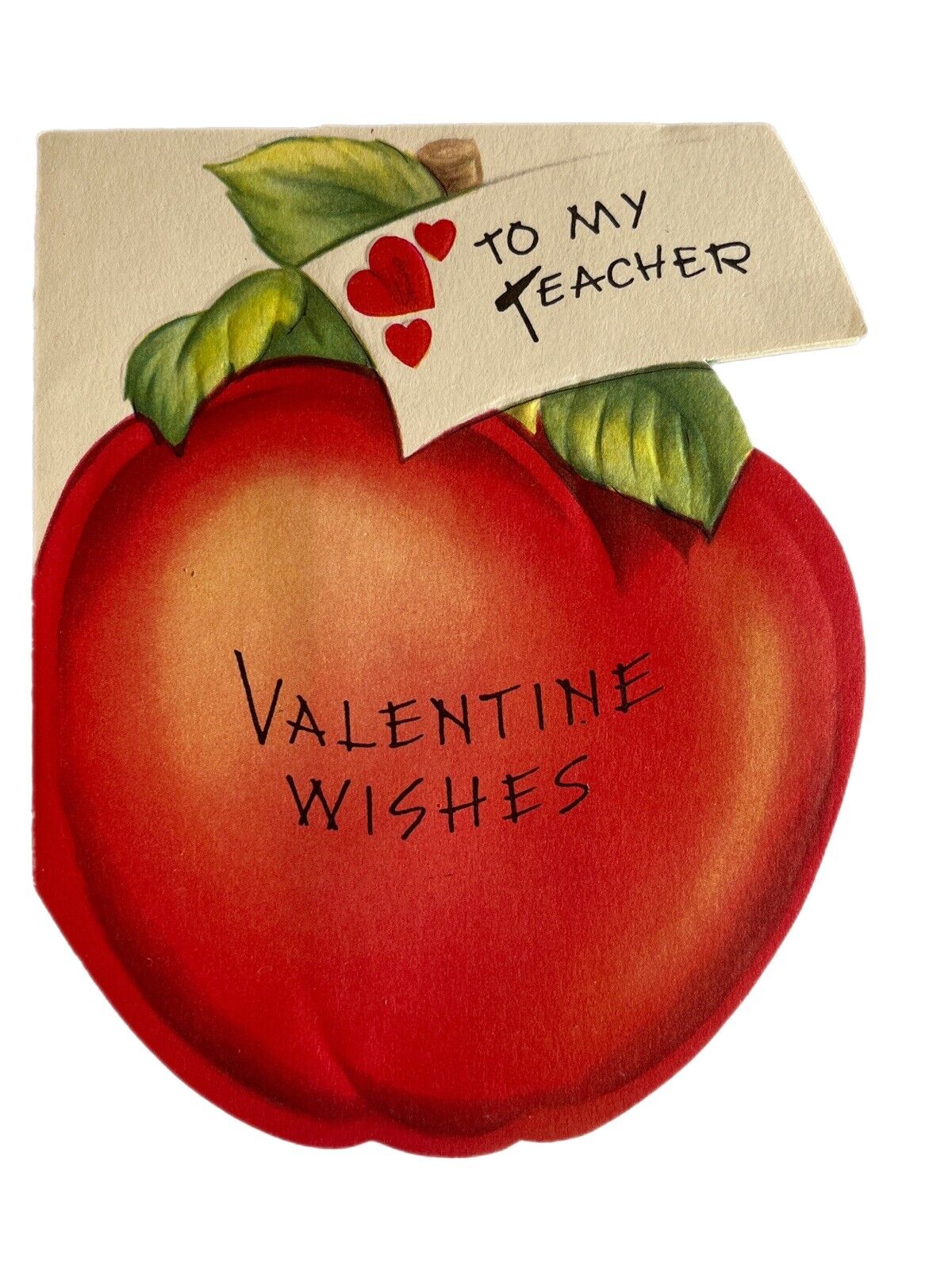 Vintage MCM 1940s Ephemera  Valentine Card Die Cut To Teacher Apple A Meri Card