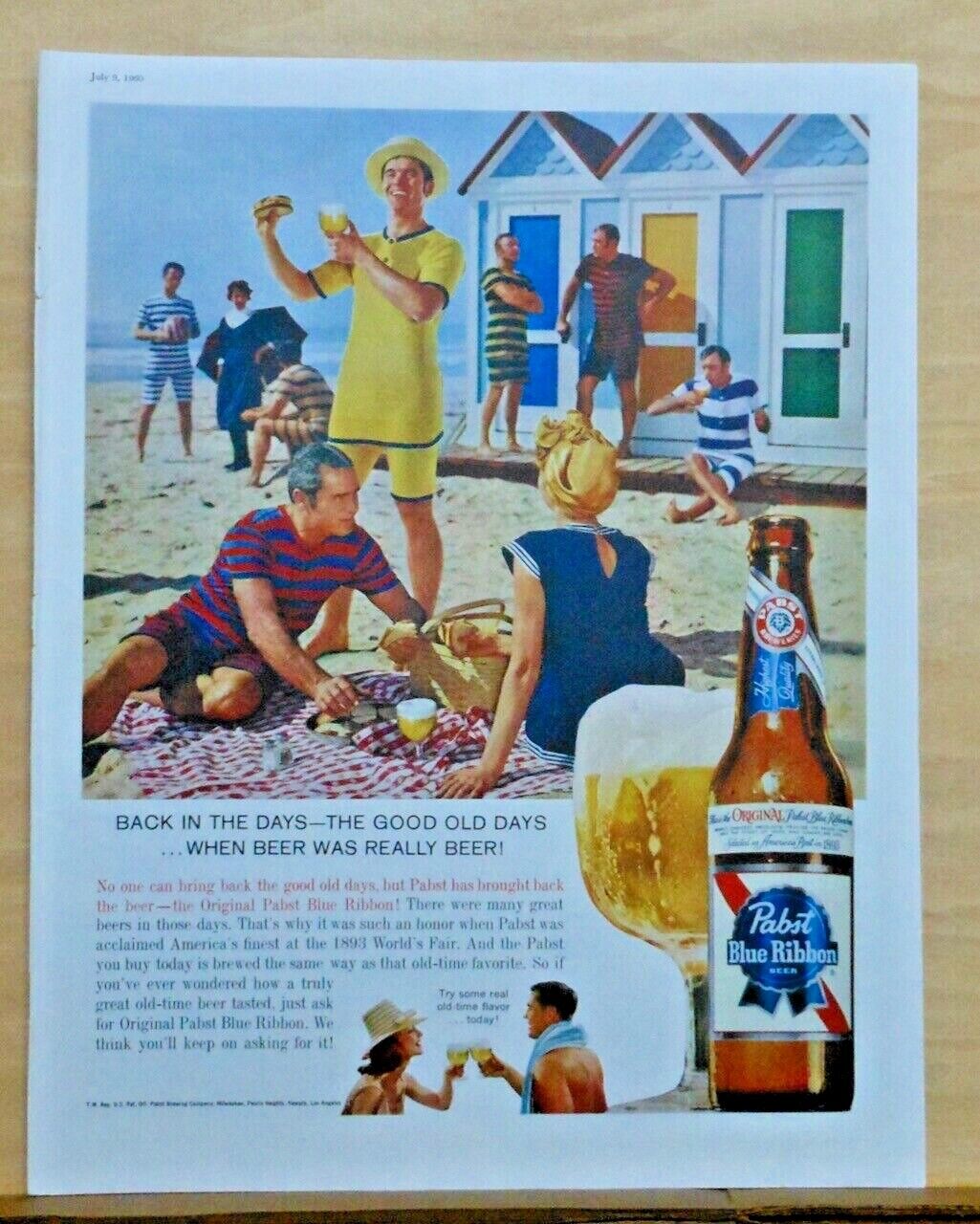 1960 magazine ad for Pabst Blue Ribbon - Old Timey 1890's fun at beach