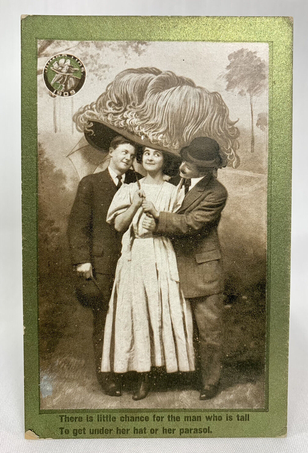 Jumbo Lids 1909 | Men Courting Lady Exaggerated Hat | Widow Comic Humor Postcard