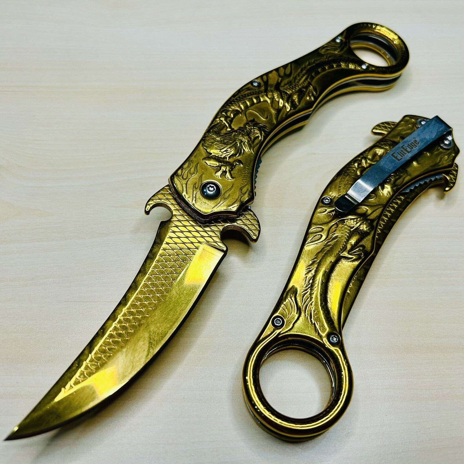9”Gold CSGO Dragon Karambit Spring Assisted Open Blade Folding Pocket Knife