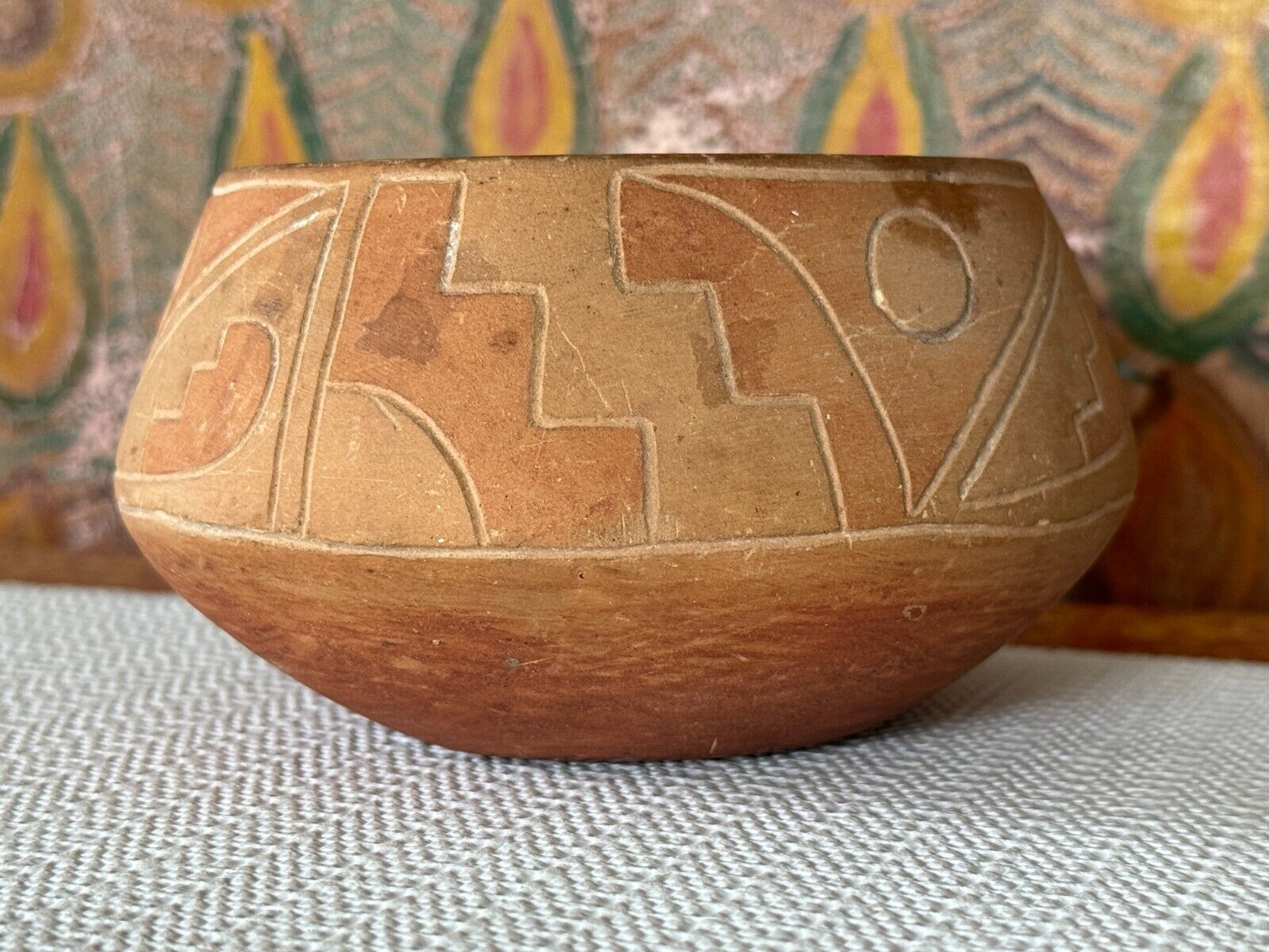 Vintage Native American Pueblo Handmade Geometric Pottery Bowl