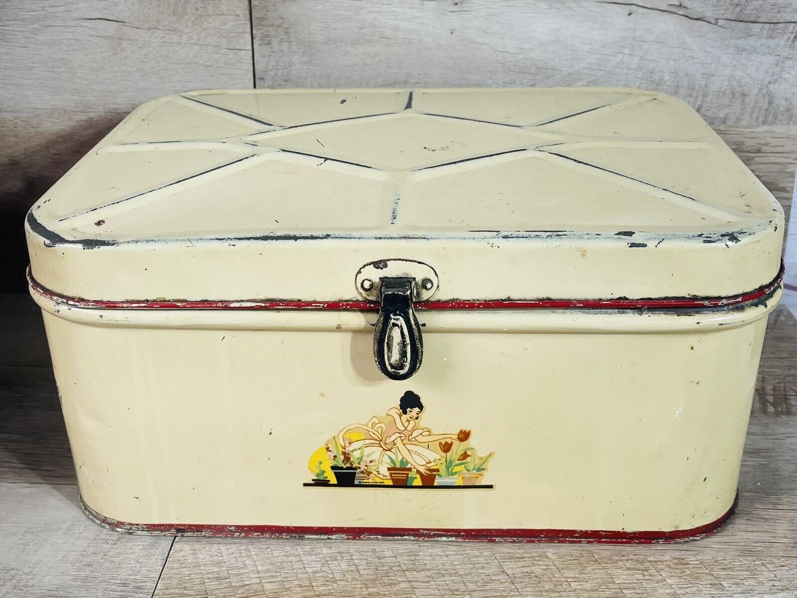 1950’s Metal Picnic Tin Box Lady With Flowers Tan Red 13.5” L 9 3/4” H