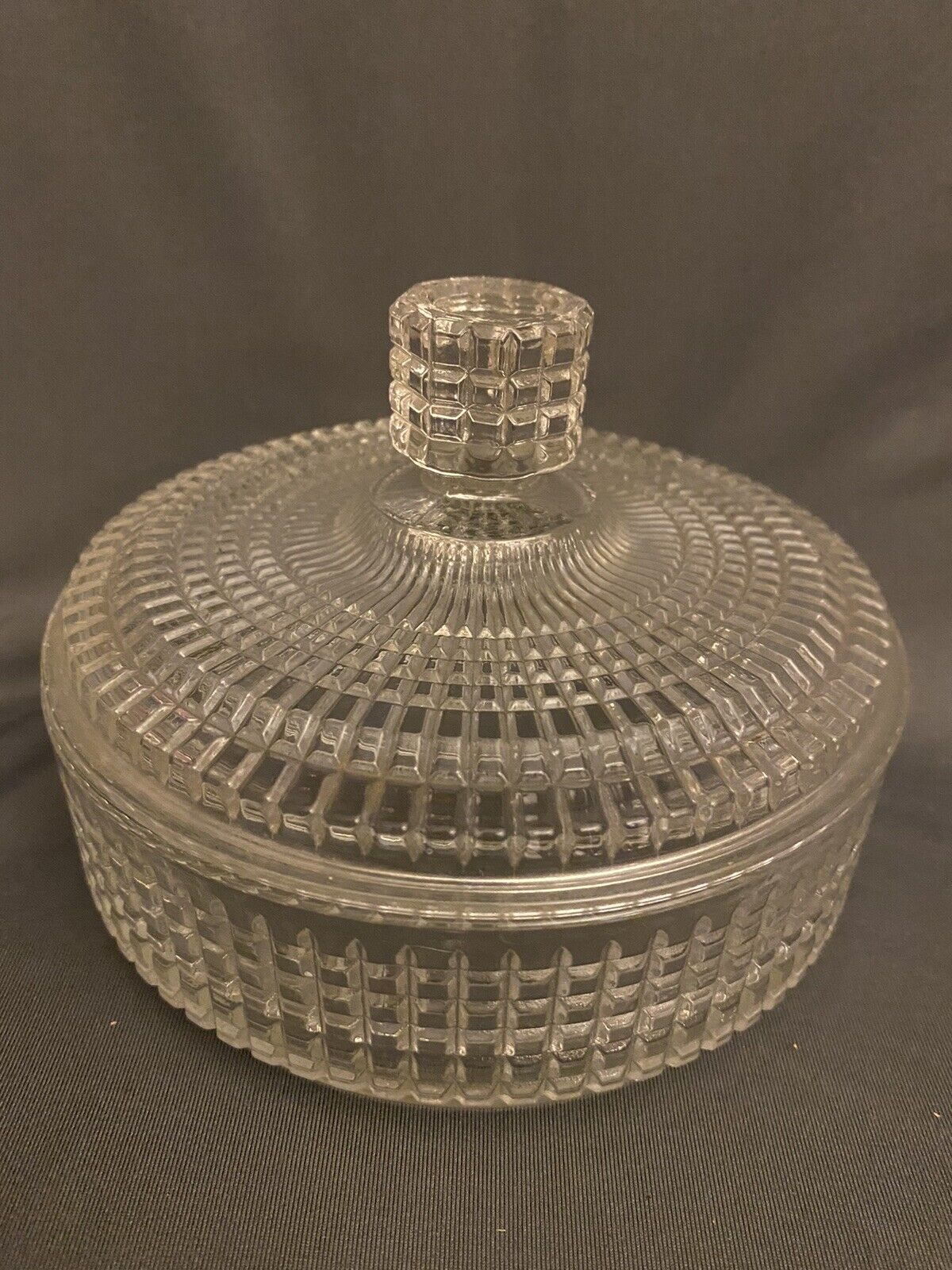 Vintage Avon Lidded Clear Glass Powder Container Waffle Pattern Unmarked
