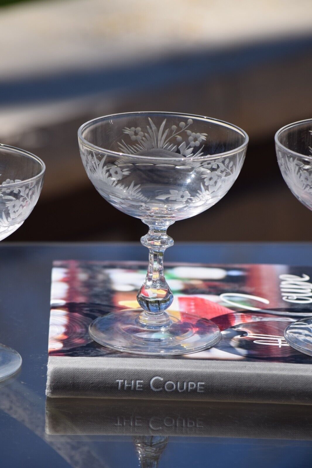 4 Vintage Etched CRYSTAL Cocktail Glasses, Reizart, 1950's Champagne Coupes