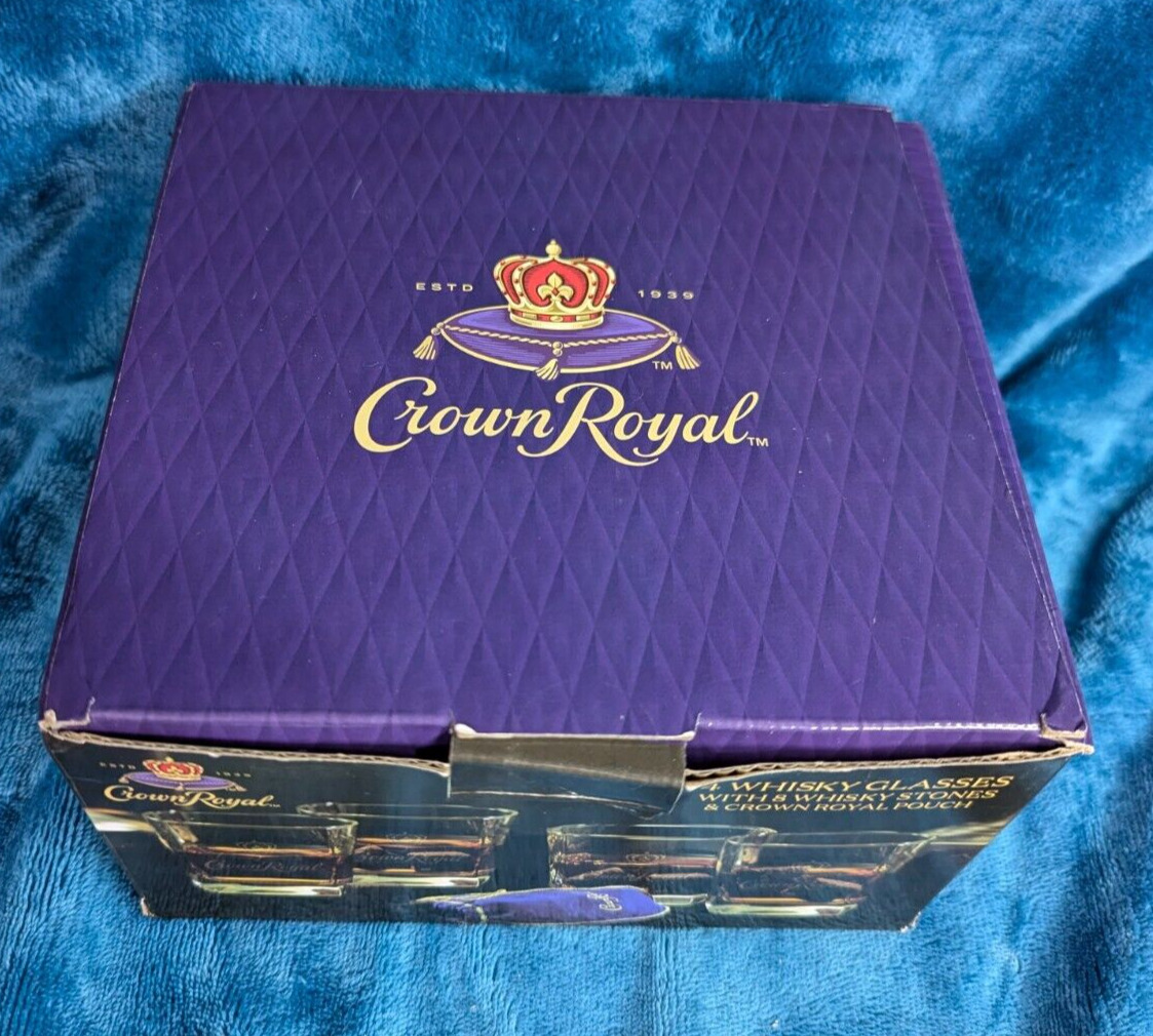NEW Crown Royal Whiskey Glass Set 4 (10oz)8 Whiskey Stones & 1 Crown Royal Pouch