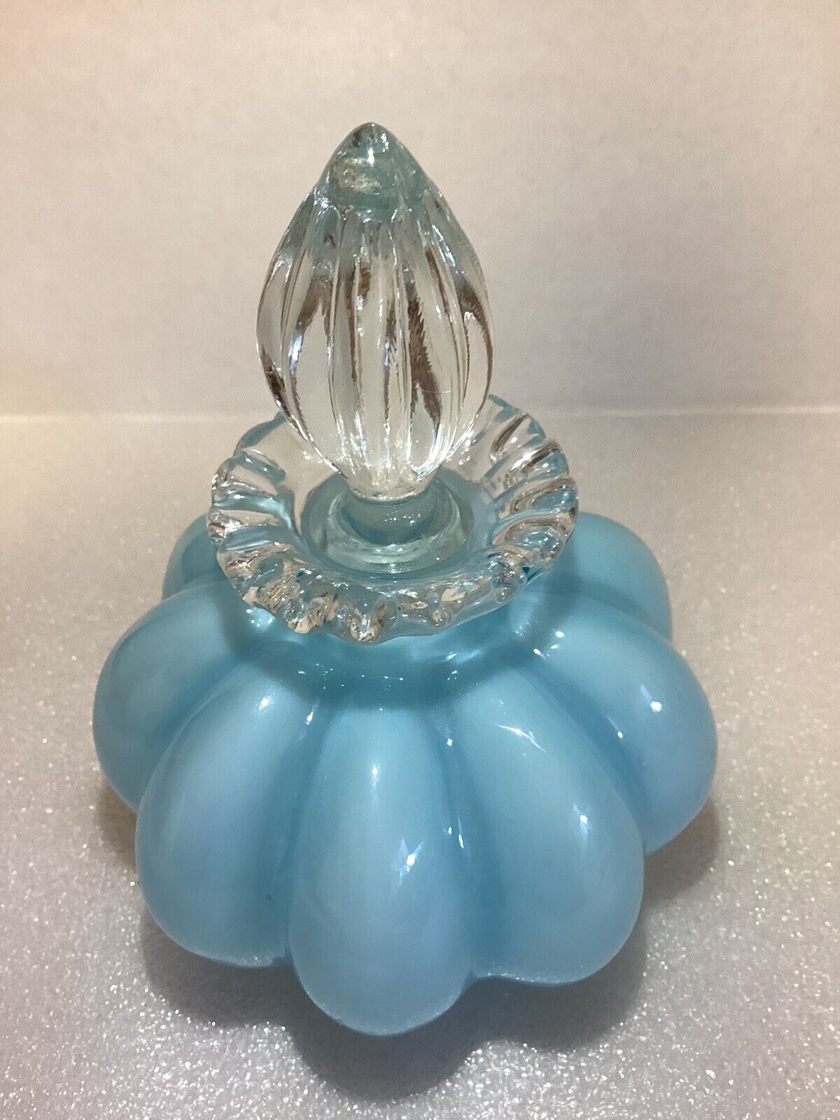 Fenton 1940s Blue Overlay Melon Perfume Bottle Clear Ruffled Crest/Stopper *READ