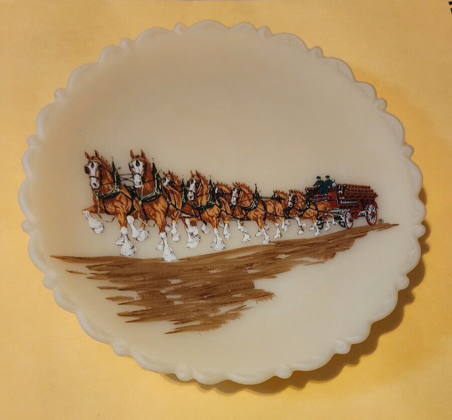 Fenton Satin Glass Collector Plate With Budweiser Clydesdales Decoration 8\