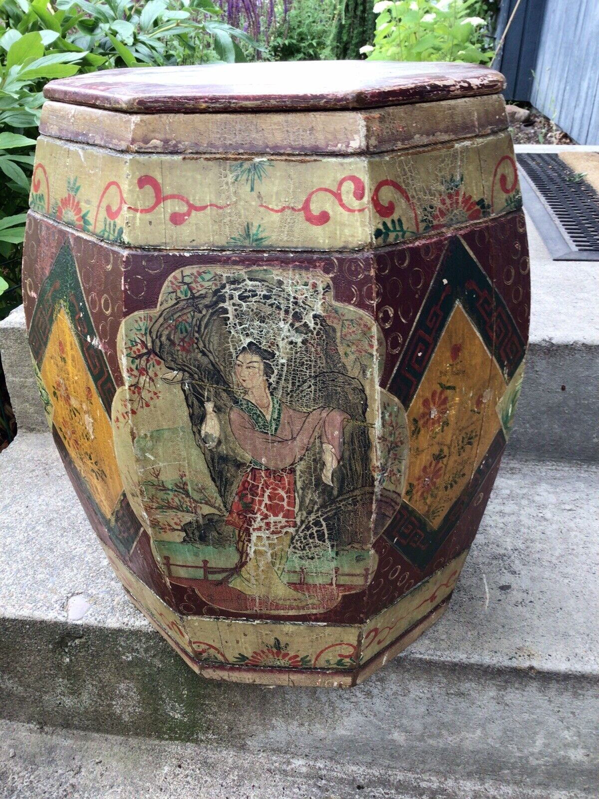 Antique Chinese Wooden Rice Barrel Bucket Hand Painted Oriental Vintage