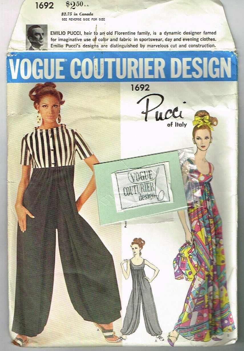Pucci Pants Vogue Couturier Design Pattern 1692 Size 12 1960's VTG LABEL