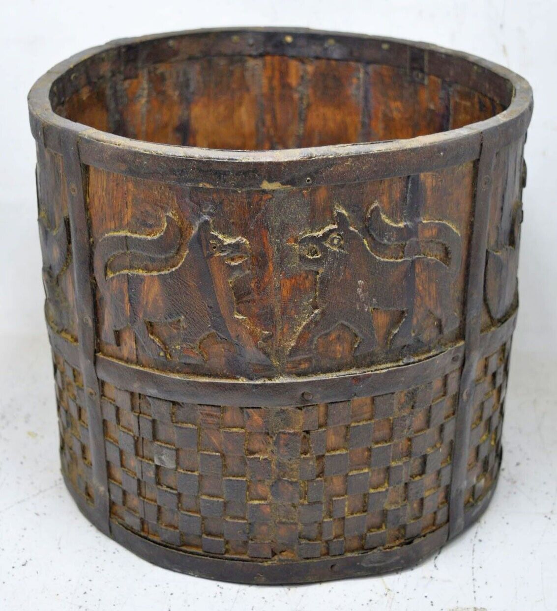 Vintage Wooden Round Grain Measurement Pot Mana Original Old Carved Metal Fitted