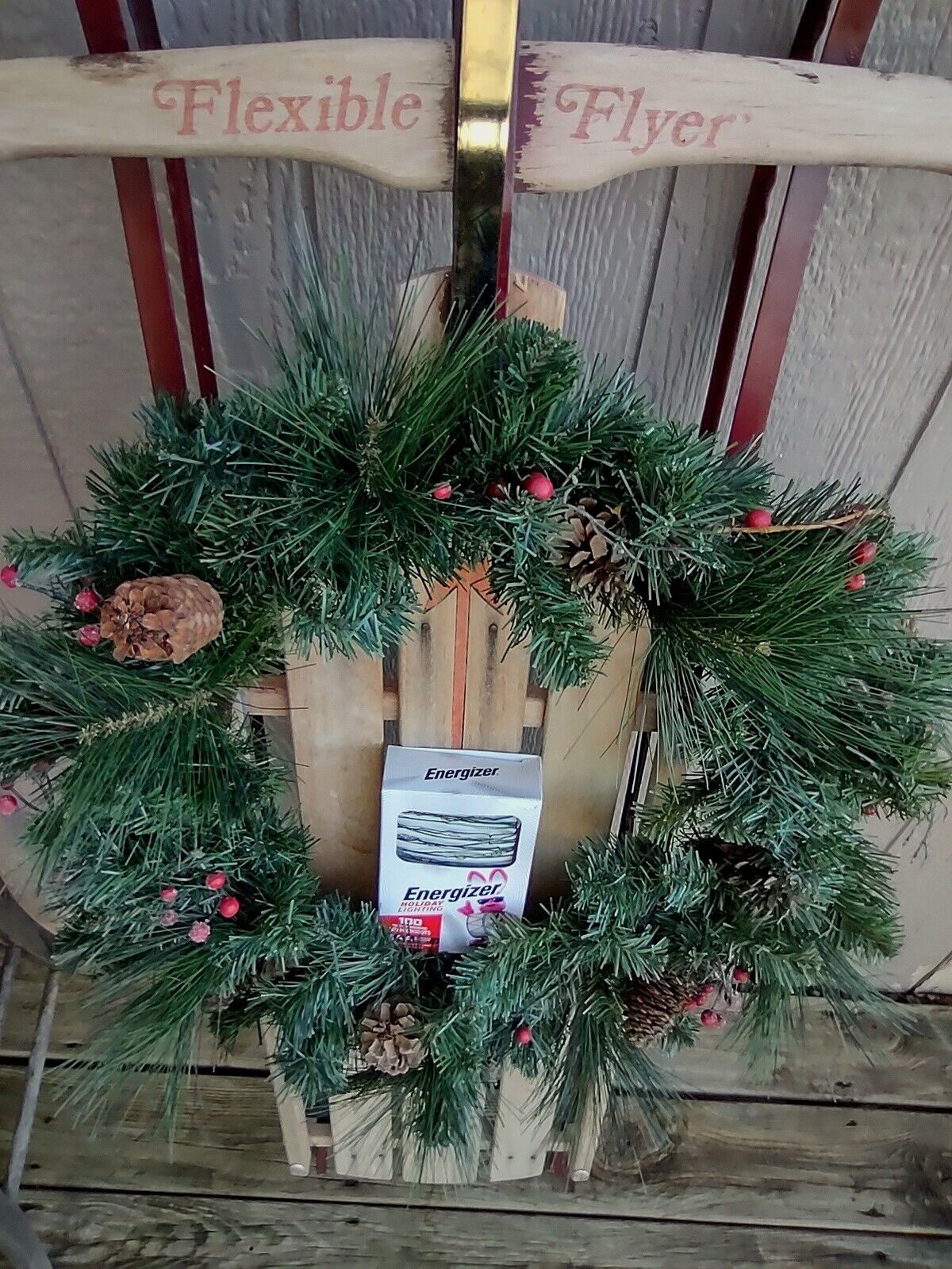 LG Vintage Flexible Flyer Working Sled Wreath Lights Christmas Decor Ski Snow 